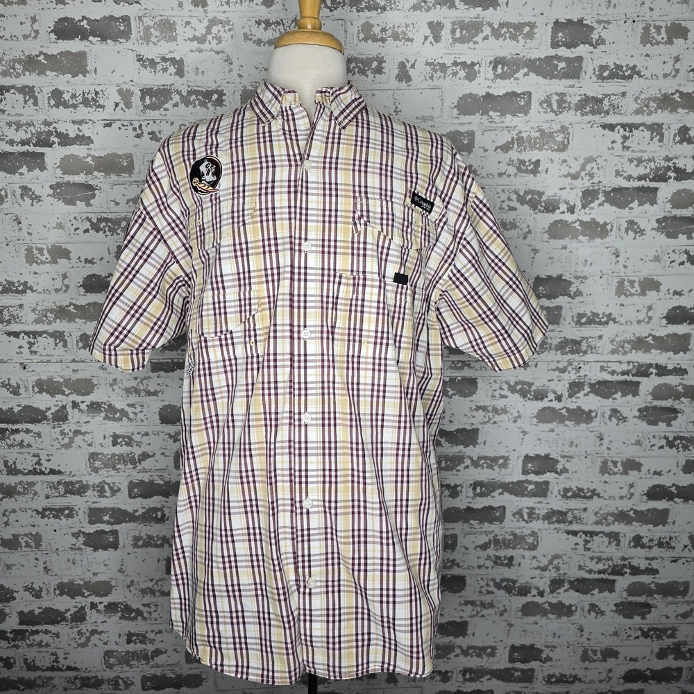 Columbia Super Bonehead FSU Seminoles Embroidered Plaid Vented Fishing Shirt XL